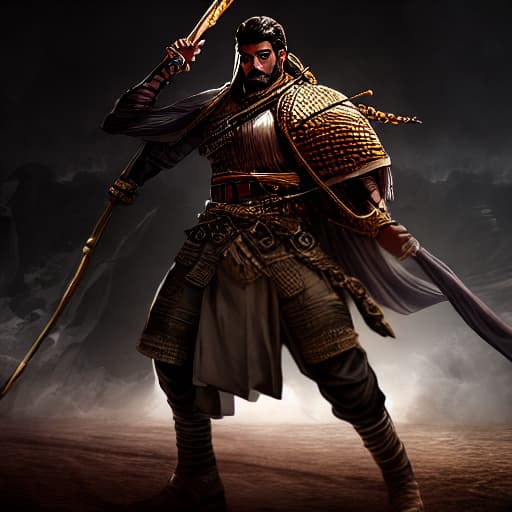  a warrior arabic man hyperrealistic, full body, detailed clothing, highly detailed, cinematic lighting, stunningly beautiful, intricate, sharp focus, f/1. 8, 85mm, (centered image composition), (professionally color graded), ((bright soft diffused light)), volumetric fog, trending on instagram, trending on tumblr, HDR 4K, 8K