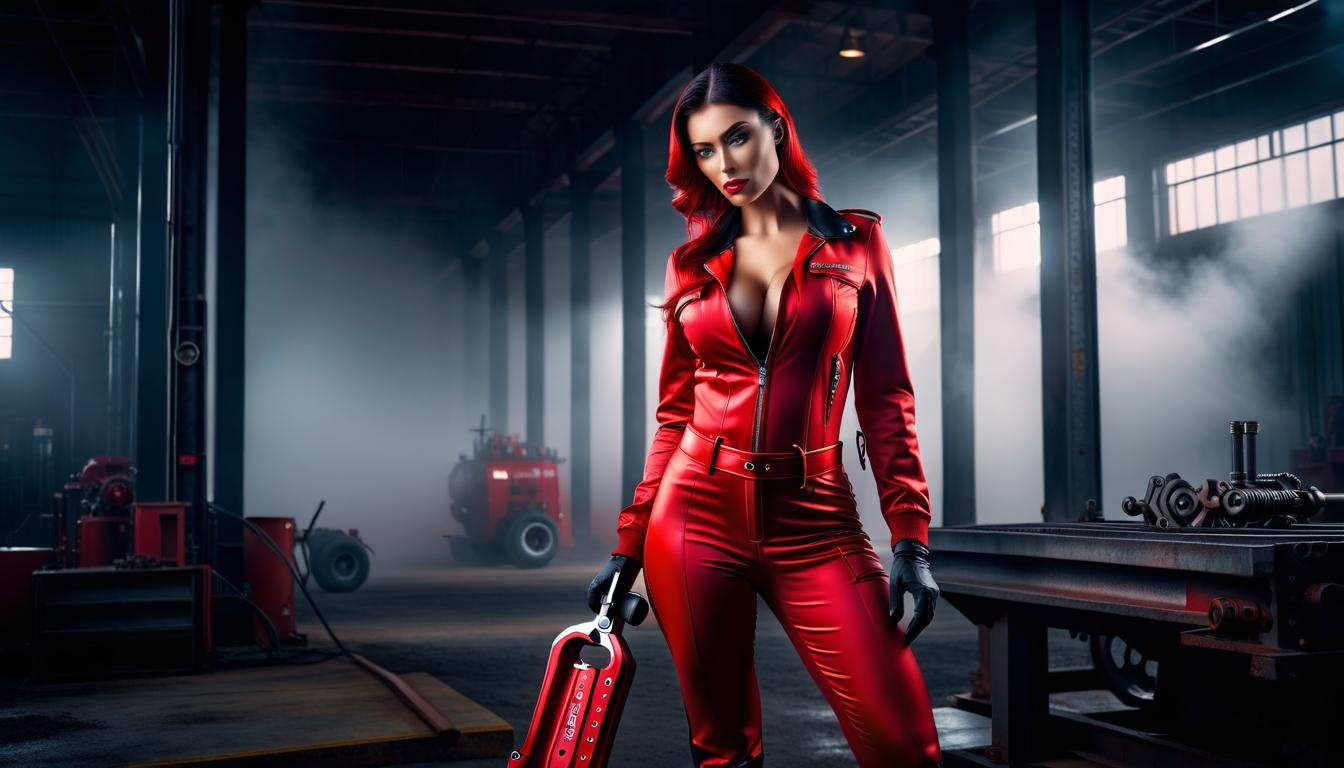  Girl in red with a wrench hyperrealistic, full body, detailed clothing, highly detailed, cinematic lighting, stunningly beautiful, intricate, sharp focus, f/1. 8, 85mm, (centered image composition), (professionally color graded), ((bright soft diffused light)), volumetric fog, trending on instagram, trending on tumblr, HDR 4K, 8K