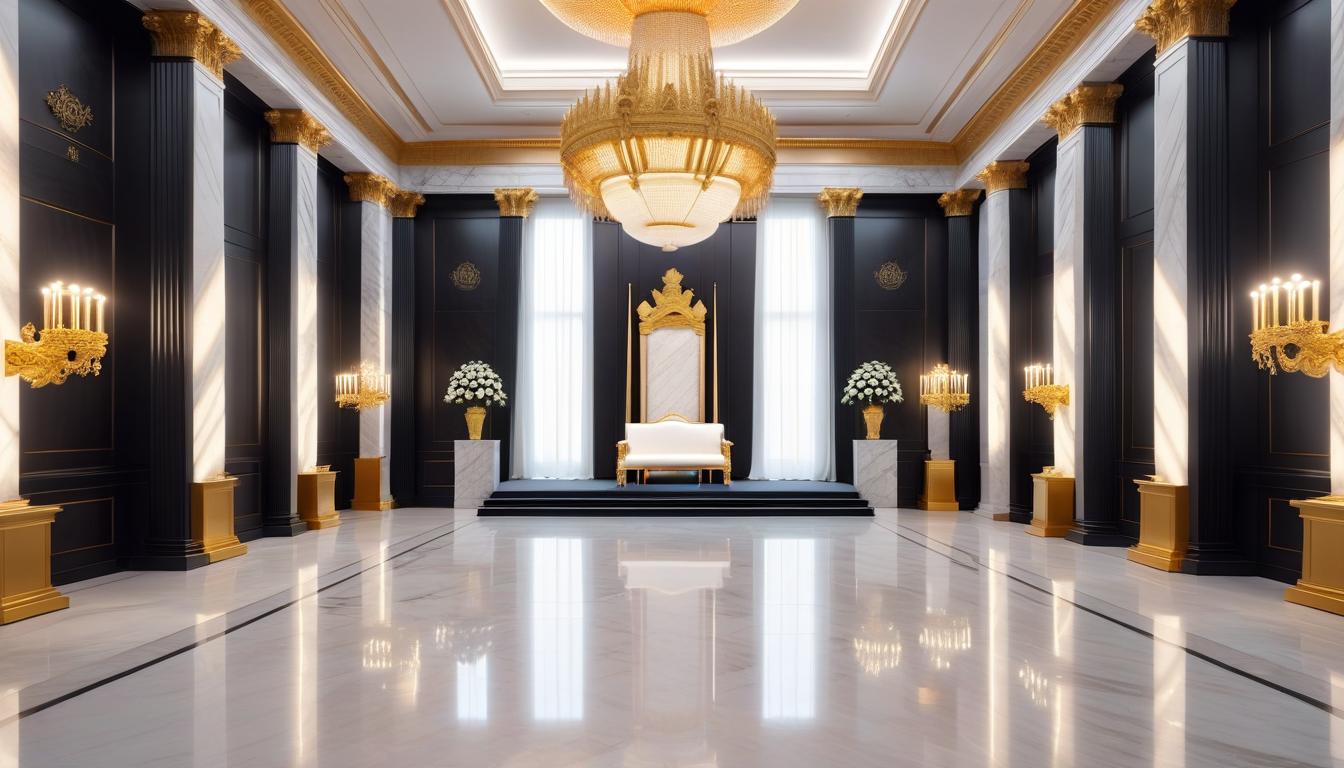  architectural style Baroque interior, luxury, ceremonial hall, big hall, light wall, emperor throne, marble, front view, . clean lines, geometric shapes, minimalist, modern, architectural drawing, highly detailed hyperrealistic, full body, detailed clothing, highly detailed, cinematic lighting, stunningly beautiful, intricate, sharp focus, f/1. 8, 85mm, (centered image composition), (professionally color graded), ((bright soft diffused light)), volumetric fog, trending on instagram, trending on tumblr, HDR 4K, 8K