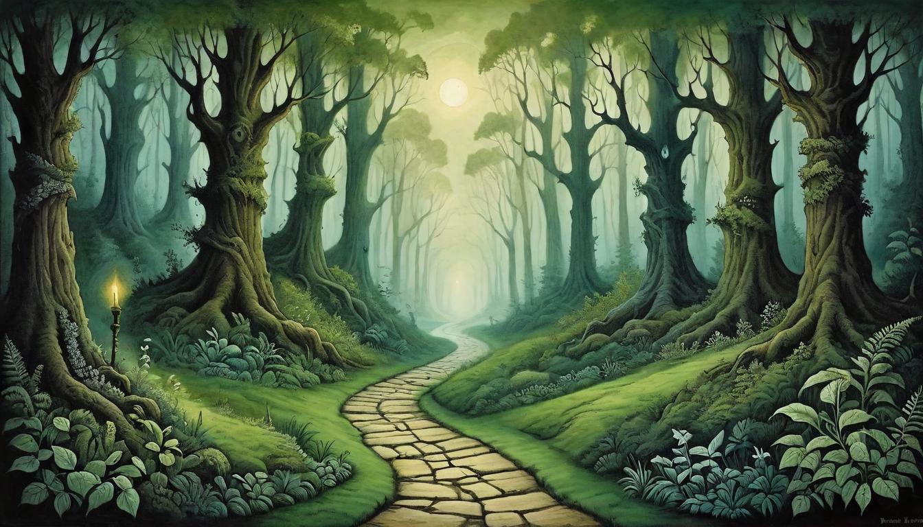  on parchment, surrealism+++, A split pathway in a mystical forest, one side lush and verdant, the other dark and foreboding, spiritual vs. practical, contrasting paths(mysterious, provocative, symbolic,muted color)+++