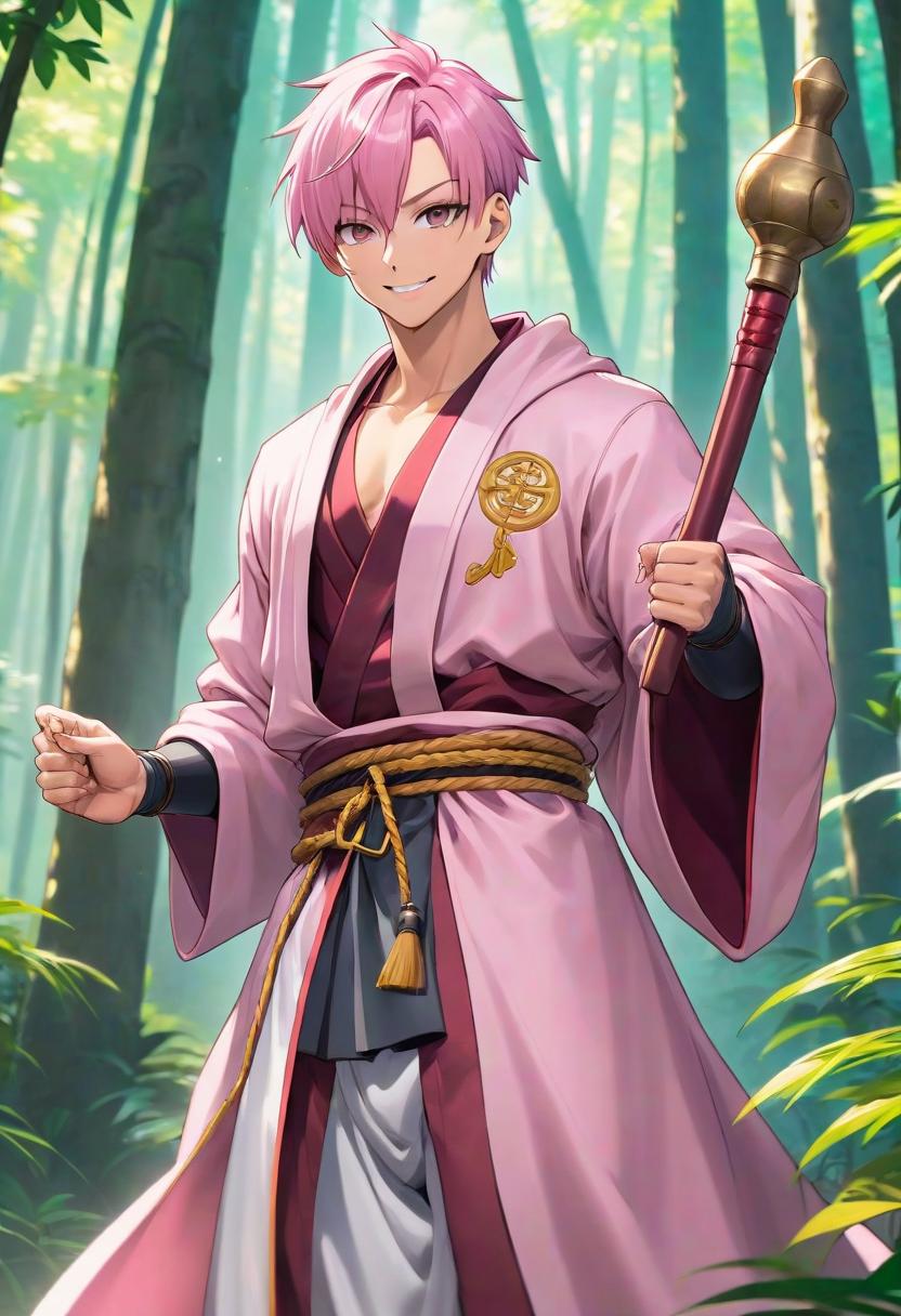  anime artwork Male Halfelf, pathfinder art style. Full body wearing a monk robe Muscular, smirk smile, short hair, casting illusion magic with a staff. Very light pink hair Mystic tattoos Same pink and gold color for background, in a mystic forest, . anime style, key visual, vibrant, studio anime, highly detailed hyperrealistic, full body, detailed clothing, highly detailed, cinematic lighting, stunningly beautiful, intricate, sharp focus, f/1. 8, 85mm, (centered image composition), (professionally color graded), ((bright soft diffused light)), volumetric fog, trending on instagram, trending on tumblr, HDR 4K, 8K