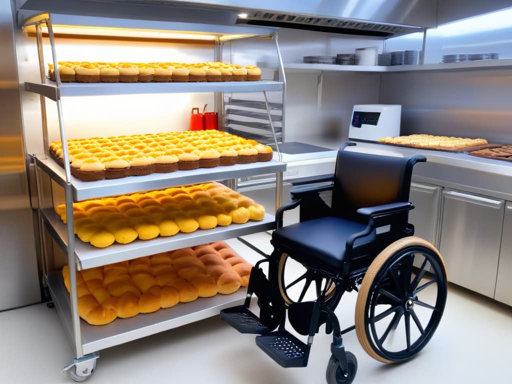  A closeup, ultradetailed image of a specialized wheelchairaccessible work station in a bakery kitchen, featuring adjustable height countertops, easytoreach shelves with various baking tools neatly organized, and a sleek, modern design that seamlessly integrates functionality with style. hyperrealistic, full body, detailed clothing, highly detailed, cinematic lighting, stunningly beautiful, intricate, sharp focus, f/1. 8, 85mm, (centered image composition), (professionally color graded), ((bright soft diffused light)), volumetric fog, trending on instagram, trending on tumblr, HDR 4K, 8K