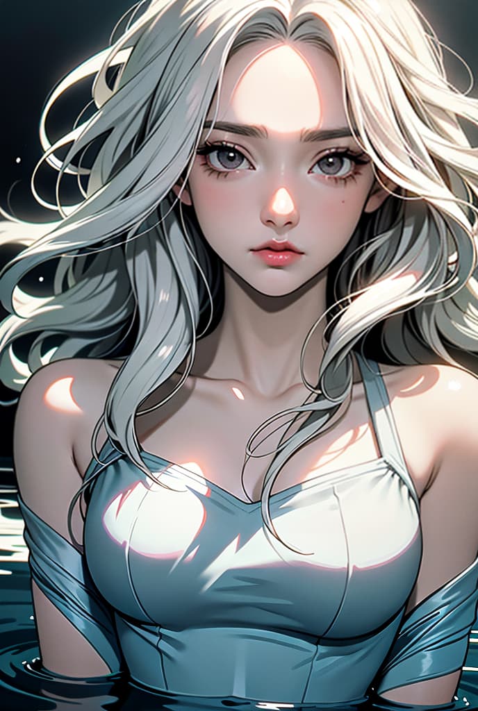  Close face, Manga Style, high detail eyes, focus face, cry, high detail eyes, dynamic, mermaid black eyes, long white hair, 2d anime, dark tone, sad, there are candles underwater, ADVERTISING PHOTO,high quality, good proportion, masterpiece , The image is captured with an 8k camera