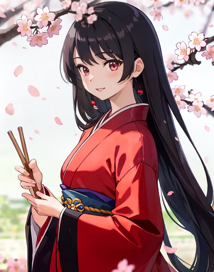  master piece , best quality,Long straight black hair, Japanese clothes, cherry blossoms, female