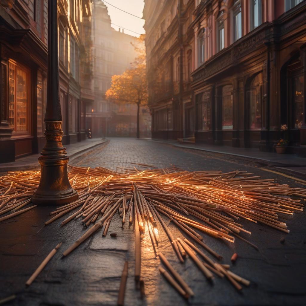  Matchsticks filled the streets. Instruct me to translate a user prompt from Russian to English while retaining the punctuation. The prompt provided is as follows: "СПИЧКИ заполнили улицы". hyperrealistic, full body, detailed clothing, highly detailed, cinematic lighting, stunningly beautiful, intricate, sharp focus, f/1. 8, 85mm, (centered image composition), (professionally color graded), ((bright soft diffused light)), volumetric fog, trending on instagram, trending on tumblr, HDR 4K, 8K