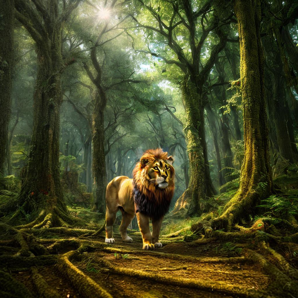  a lion stay in a fantasy rich forrest, cartoon character by Disney, best quality, ultrahigh resolution, highly detailed, (sharp focus), masterpiece, (centered image composition), (professionally color graded), ((bright soft diffused light)), trending on instagram, trending on tumblr, HDR 4K