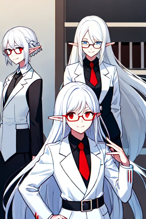  Elf, smile, white hair, long hair, girls, white coats, black shirts, red ties and glasses, inside the examination room