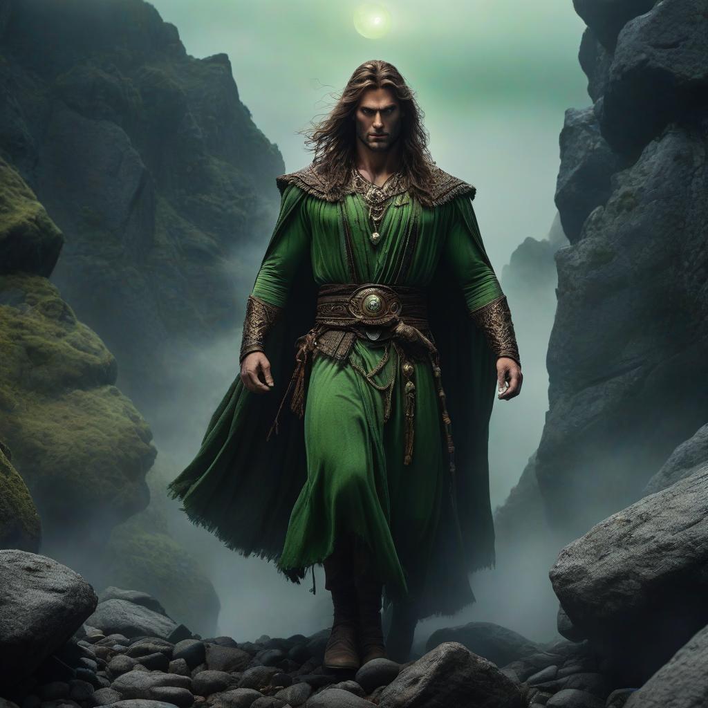  horror themed Earth god, spirit of the land, a man with brown hair and green eyes, soars over the rocks, face in close up, rocks, fog, mysticism, sorcery . eerie, unsettling, dark, spooky, suspenseful, grim, highly detailed hyperrealistic, full body, detailed clothing, highly detailed, cinematic lighting, stunningly beautiful, intricate, sharp focus, f/1. 8, 85mm, (centered image composition), (professionally color graded), ((bright soft diffused light)), volumetric fog, trending on instagram, trending on tumblr, HDR 4K, 8K