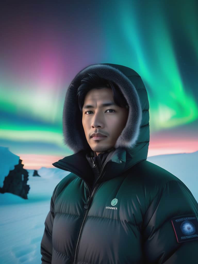  Half body portrait,Young Asian man in black lightweight puffer jacket hooded winter coat without logo embroidery,Standing in Sanna Northern Lights In North Pole,black hair, cinematic lighting, stunningly beautiful, intricate, sharp focus, f/1. 8, 85mm, (professionally color graded), ((bright soft diffused light)), volumetric fog, trending on instagram, trending on tumblr, HDR 4K, 8K hyperrealistic, full body, detailed clothing, highly detailed, cinematic lighting, stunningly beautiful, intricate, sharp focus, f/1. 8, 85mm, (centered image composition), (professionally color graded), ((bright soft diffused light)), volumetric fog, trending on instagram, trending on tumblr, HDR 4K, 8K