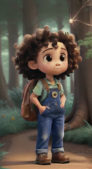  {The tree shining brightly and releasing a gentle, magical light., Riley, a curious with big brown eyes and curly hair, wearing overalls and carrying a small backpack. Their friend, Skye, a bluebird with shiny feathers.