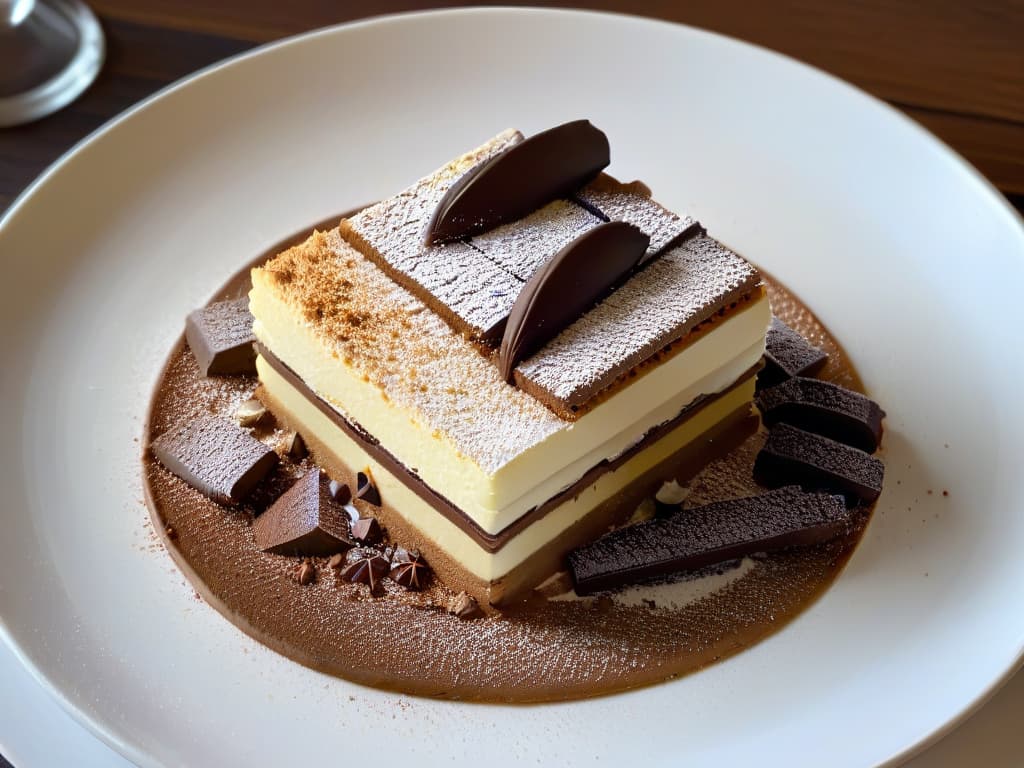  A closeup, ultradetailed image of a beautifully crafted deconstructed tiramisu dessert on a sleek, modern plate. Layers of espressosoaked ladyfingers, creamy mascarpone, and delicate dusting of cocoa powder are meticulously arranged, showcasing the intricate components of the classic dessert in a contemporary and artistic presentation. The play of light and shadow highlights the textures and colors of each ingredient, creating a visually stunning and appetizing composition that perfectly captures the essence of modern versions of traditional desserts. hyperrealistic, full body, detailed clothing, highly detailed, cinematic lighting, stunningly beautiful, intricate, sharp focus, f/1. 8, 85mm, (centered image composition), (professionally color graded), ((bright soft diffused light)), volumetric fog, trending on instagram, trending on tumblr, HDR 4K, 8K