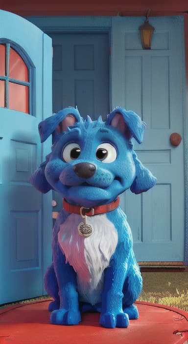  {Max the big blue dog standing in front of a cozy little house with a red door, The big blue dog is large with sky blue fur, big round eyes, a black nose, and floppy ears.