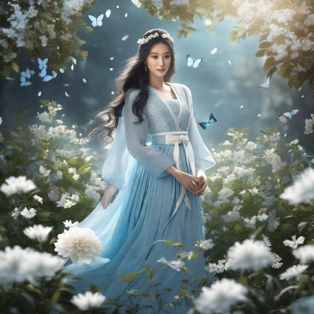  masterpiece, best quality, (Fidelity: 1.4), lion, warrior, hart, love, Best Quality, Masterpiece, Ultra High Resolution, Poster, Fantasy Art, Very Detailed Faces, 8k resolution, Chinese Style, An woman, Side Face, Quiet, Light Blue Hanfu, Tulle Coat, Long Black Hair, Light Blue Fringed Hair Ornament, Hairpin, White Ribbon, White Flower Bush, Light Blue Butterfly Flying, cinematic lighting effects