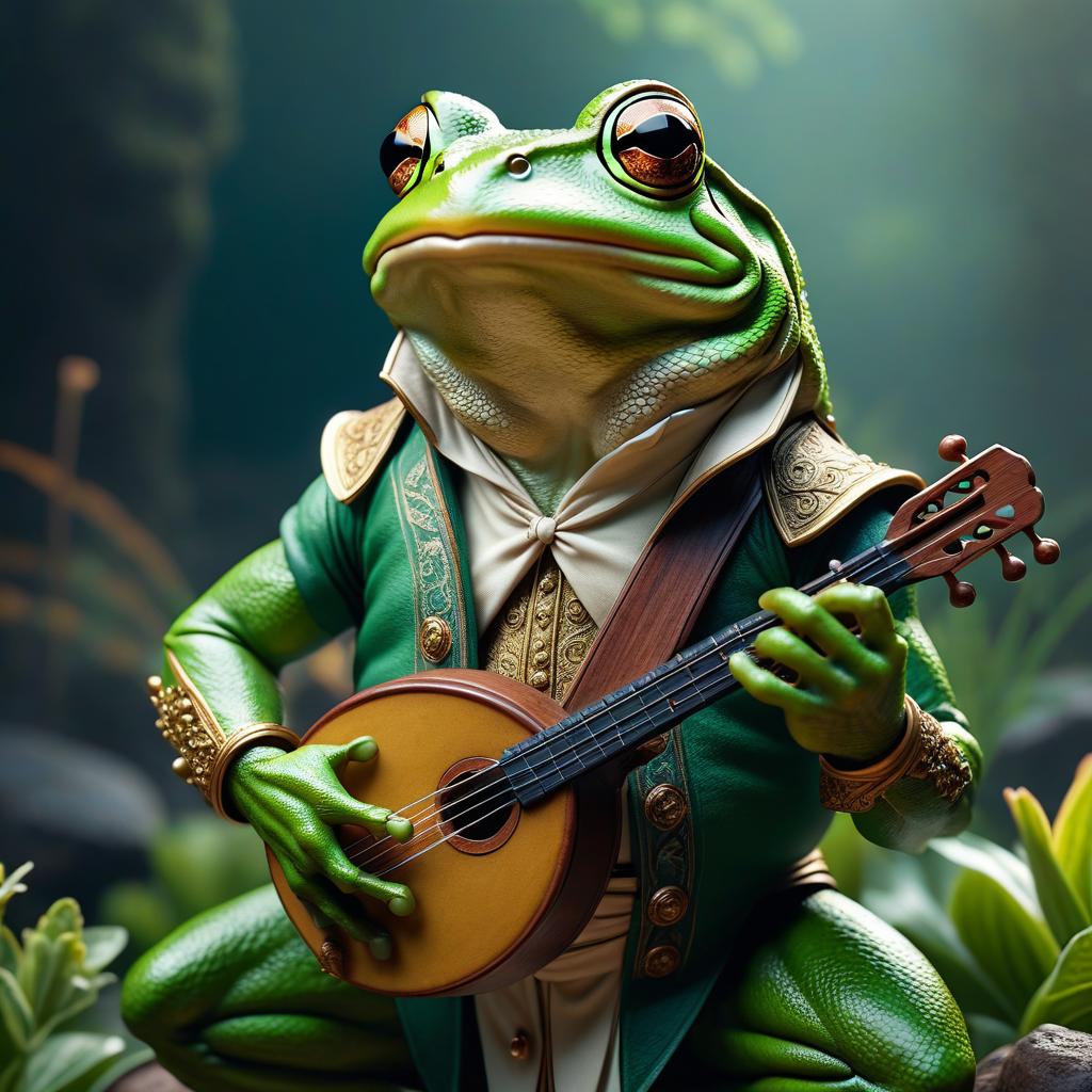  green humanoid frog bard with a lute hyperrealistic, full body, detailed clothing, highly detailed, cinematic lighting, stunningly beautiful, intricate, sharp focus, f/1. 8, 85mm, (centered image composition), (professionally color graded), ((bright soft diffused light)), volumetric fog, trending on instagram, trending on tumblr, HDR 4K, 8K