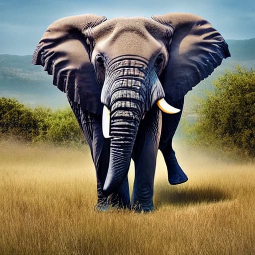  big elephant hyperrealistic, full body, detailed clothing, highly detailed, cinematic lighting, stunningly beautiful, intricate, sharp focus, f/1. 8, 85mm, (centered image composition), (professionally color graded), ((bright soft diffused light)), volumetric fog, trending on instagram, trending on tumblr, HDR 4K, 8K