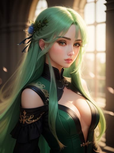  girl with long green hair, hyperrealistic, high quality, highly detailed, perfect lighting, intricate, sharp focus, f/1. 8, 85mm, (centered image composition), (professionally color graded), ((bright soft diffused light)), trending on instagram, HDR 4K, 8K