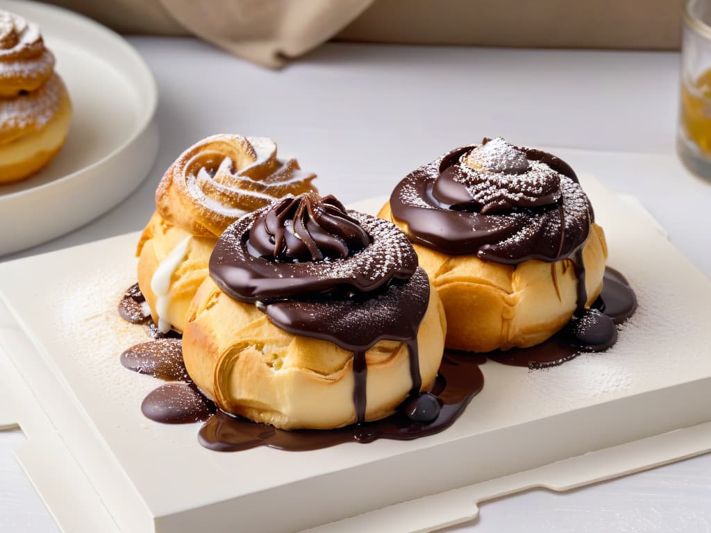  A closeup, ultradetailed image of a perfectly golden profiterole split in half to reveal the rich, creamy filling oozing out, garnished with a sprinkle of powdered sugar and a drizzle of decadent chocolate sauce. The delicate choux pastry shell is perfectly puffed and golden brown, showcasing the light and airy texture within. The background is a soft focus to emphasize the intricate details of this gourmet dessert, highlighting the traditional yet elegant presentation of profiteroles rellenos. hyperrealistic, full body, detailed clothing, highly detailed, cinematic lighting, stunningly beautiful, intricate, sharp focus, f/1. 8, 85mm, (centered image composition), (professionally color graded), ((bright soft diffused light)), volumetric fog, trending on instagram, trending on tumblr, HDR 4K, 8K