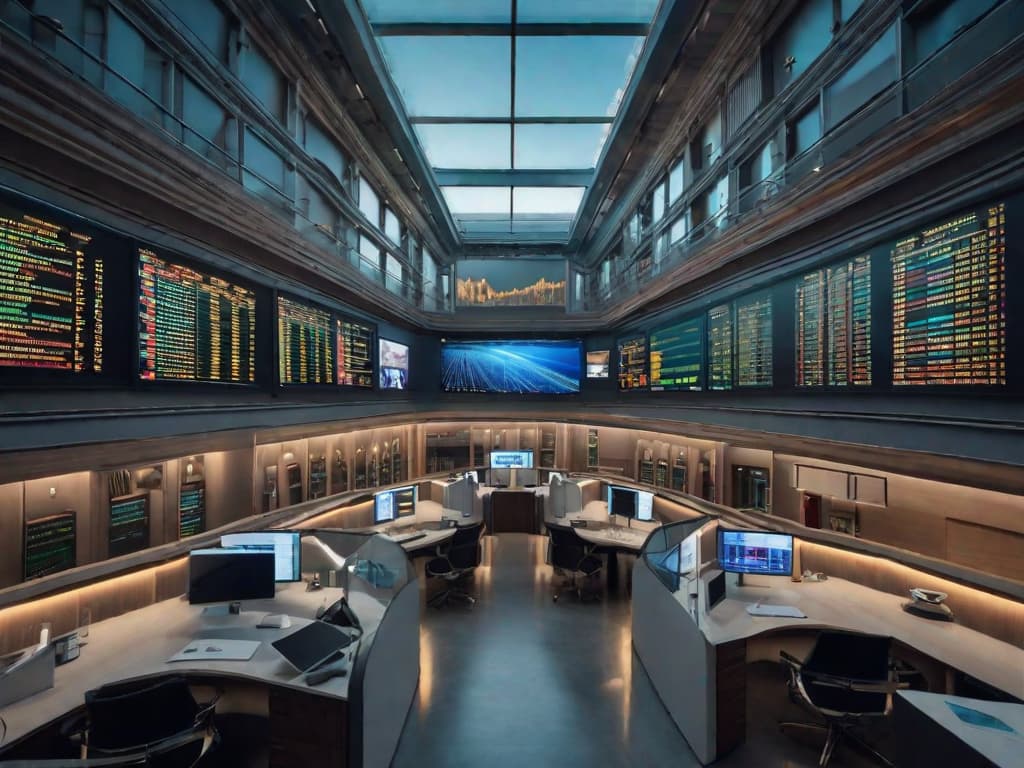  An expansive trading floor, with screens displaying stock market data, graphs trending upwards, and the Multiplan logo prominently featured. digital art, ilustration, no flares, clean hyperrealistic, full body, detailed clothing, highly detailed, cinematic lighting, stunningly beautiful, intricate, sharp focus, f/1. 8, 85mm, (centered image composition), (professionally color graded), ((bright soft diffused light)), volumetric fog, trending on instagram, trending on tumblr, HDR 4K, 8K