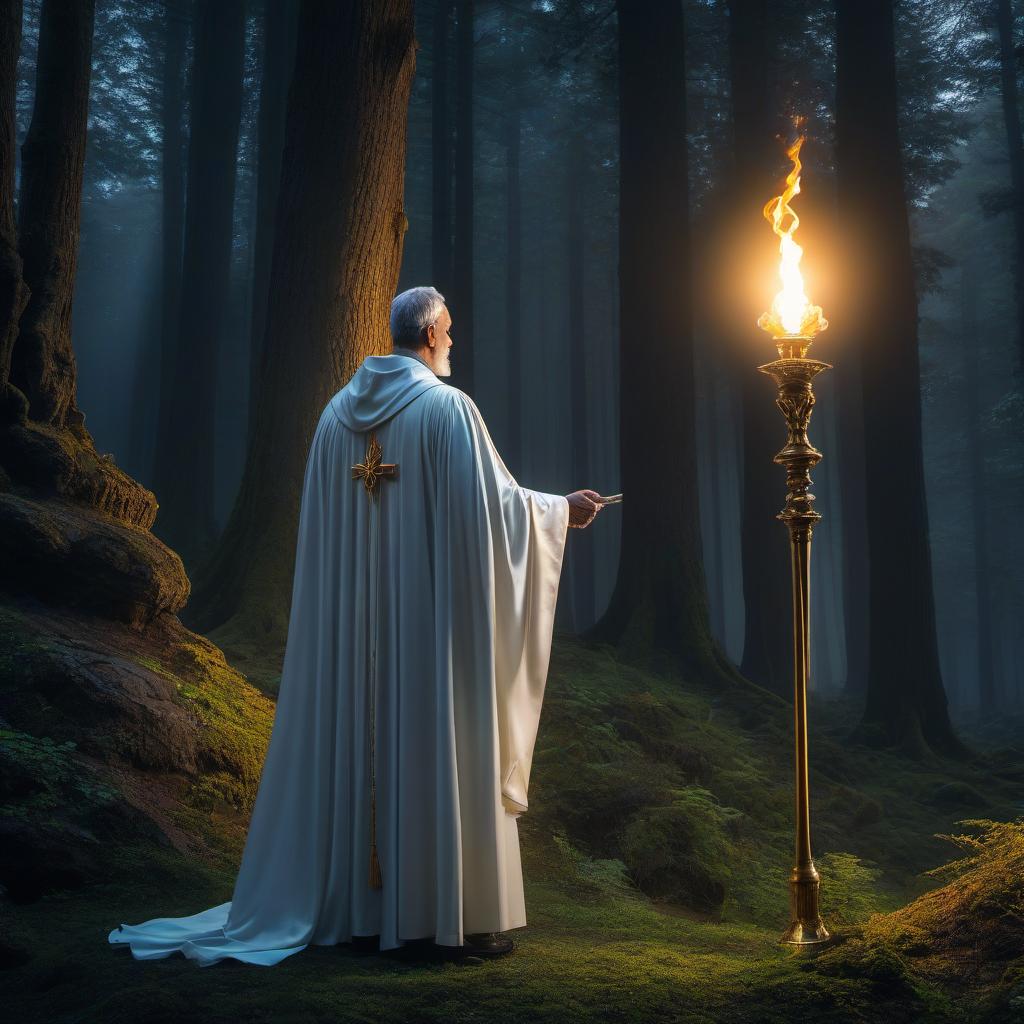  A priest with white robe holding a lighted torch, standing in front of a Lighted chapel with golden cross in the dark forest hills Fantasy, Mystery, inspired by tomasz alen kopera, gently caressing earth, progressive rock album cover, profile picture, emerging dark forest trees, full moon" hyperrealistic, full body, detailed clothing, highly detailed, cinematic lighting, stunningly beautiful, intricate, sharp focus, f/1. 8, 85mm, (centered image composition), (professionally color graded), ((bright soft diffused light)), volumetric fog, trending on instagram, trending on tumblr, HDR 4K, 8K