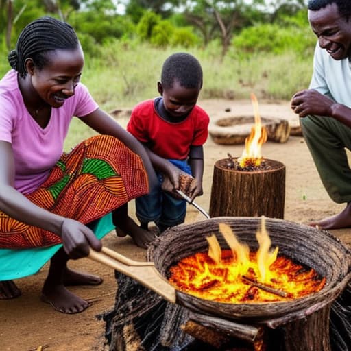  African family cooking food on fire wood