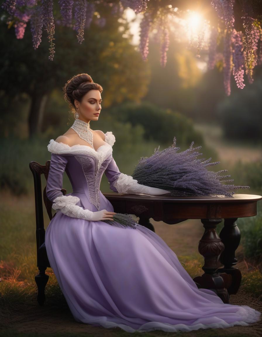  A Victorian beauty in mourning, sitting slouched over with a bouquet of lavender at the table, black dress, 1870s, a rose bouquet on the table. hyperrealistic, full body, detailed clothing, highly detailed, cinematic lighting, stunningly beautiful, intricate, sharp focus, f/1. 8, 85mm, (centered image composition), (professionally color graded), ((bright soft diffused light)), volumetric fog, trending on instagram, trending on tumblr, HDR 4K, 8K