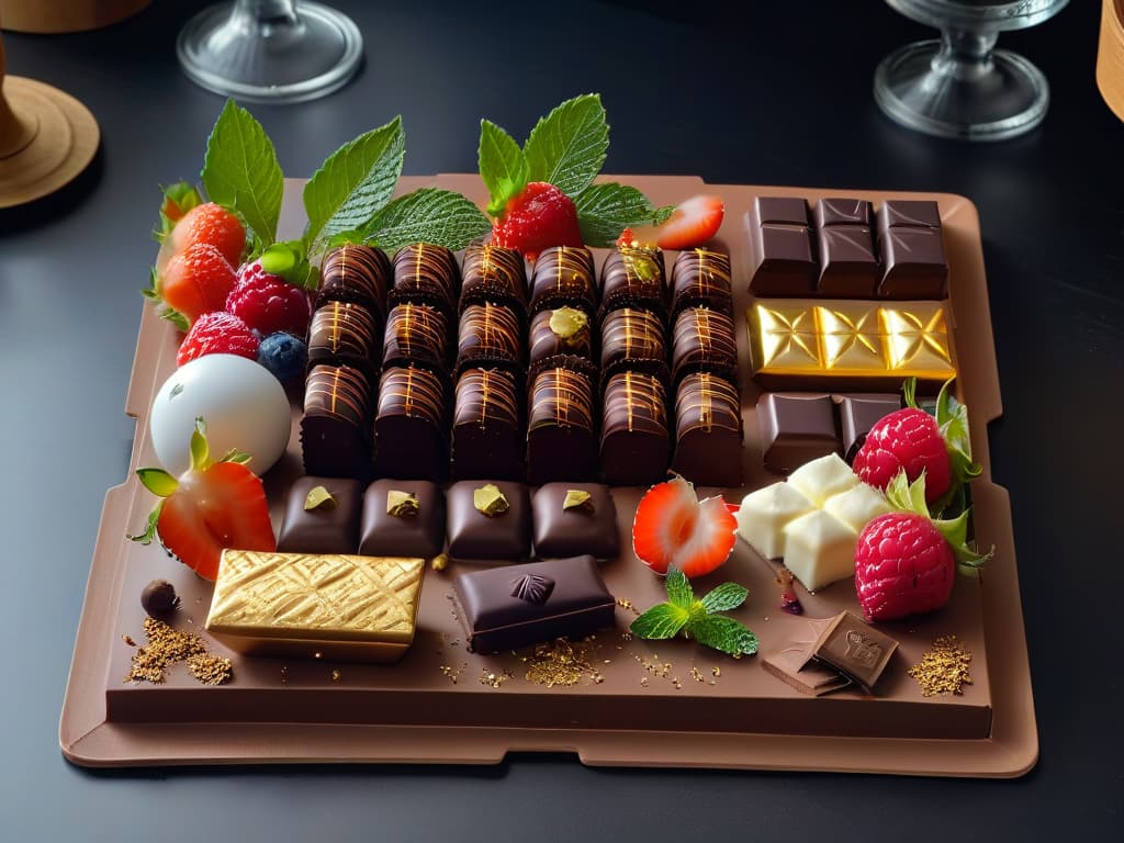  An ultradetailed image of a luxurious chocolate tasting platter featuring a selection of exquisite Belgian and Swiss chocolates artfully arranged on a sleek, modern serving board. Each piece is delicately decorated with intricate designs and dusted with gold flakes, surrounded by fresh, vibrant berries and mint leaves. The textures and colors of the chocolates contrast beautifully against the dark, polished surface, creating a visually striking and mouthwatering display that epitomizes the indulgent world of luxury chocolate. hyperrealistic, full body, detailed clothing, highly detailed, cinematic lighting, stunningly beautiful, intricate, sharp focus, f/1. 8, 85mm, (centered image composition), (professionally color graded), ((bright soft diffused light)), volumetric fog, trending on instagram, trending on tumblr, HDR 4K, 8K