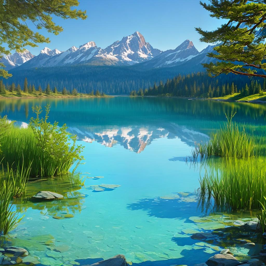  as a painting, Convey the serene majesty of towering mountains reflected in the crystal-clear waters of a tranquil alpine lake, using your unique artistic vision to evoke a sense of awe and tranquility.