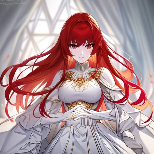  a girl manhua character with red hair and white eyes with white skin wearing noble dress hyperrealistic, full body, detailed clothing, highly detailed, cinematic lighting, stunningly beautiful, intricate, sharp focus, f/1. 8, 85mm, (centered image composition), (professionally color graded), ((bright soft diffused light)), volumetric fog, trending on instagram, trending on tumblr, HDR 4K, 8K