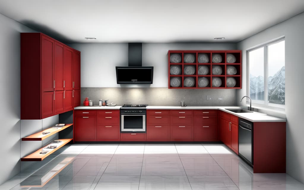  Eine küche mit schwarzem boden, weissen wänden und grünen küchenmöbel (best quality, masterpiece:1.2), ultrahigh res, highly detailed, sharp focus