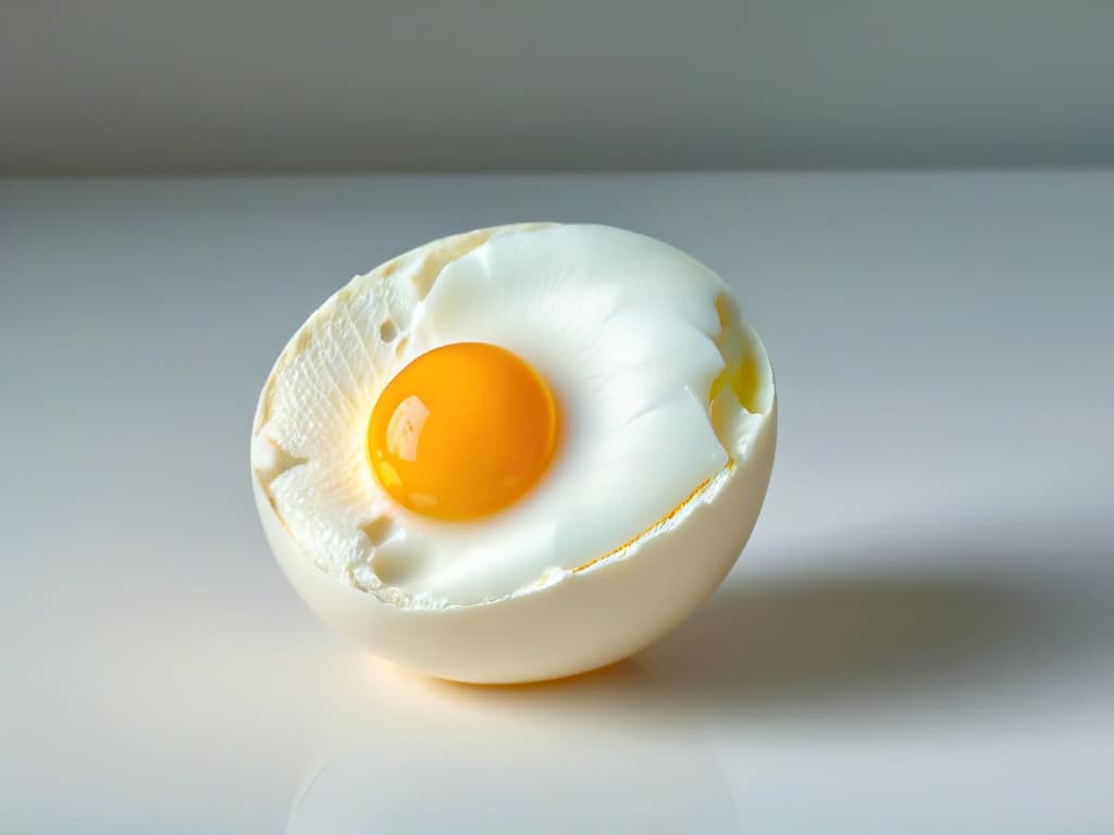  An ultradetailed image of a perfectly cracked open egg, showcasing the intricate patterns of the eggshell, the glossy texture of the egg white, and the vibrant yellow yolk, all set against a stark white background. hyperrealistic, full body, detailed clothing, highly detailed, cinematic lighting, stunningly beautiful, intricate, sharp focus, f/1. 8, 85mm, (centered image composition), (professionally color graded), ((bright soft diffused light)), volumetric fog, trending on instagram, trending on tumblr, HDR 4K, 8K