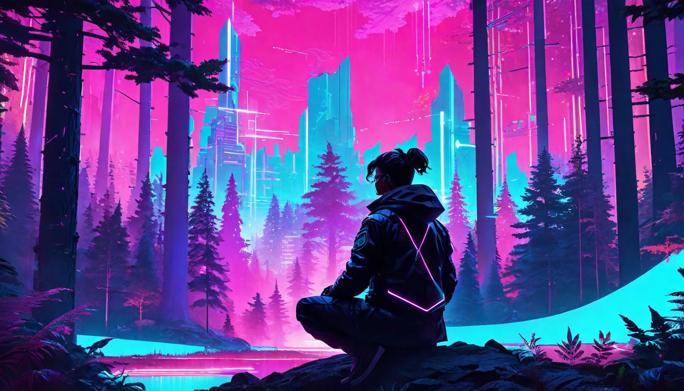  vaporwave,cyberpunk game style Curious onlookers, represented as shadowy figures at the forest's edge, observing the meditating figure from a distance, intrigue and inspiration radiating from their posture, enigmatic, drawing closereon, dystopian, futuristic, digital, vibrant, detailed, high contrast, reminiscent of cyberpunk genre video games,retro aesthetic, cyberpunk, vibrant, neon colors, vintage 80s and 90s style, highly detailed