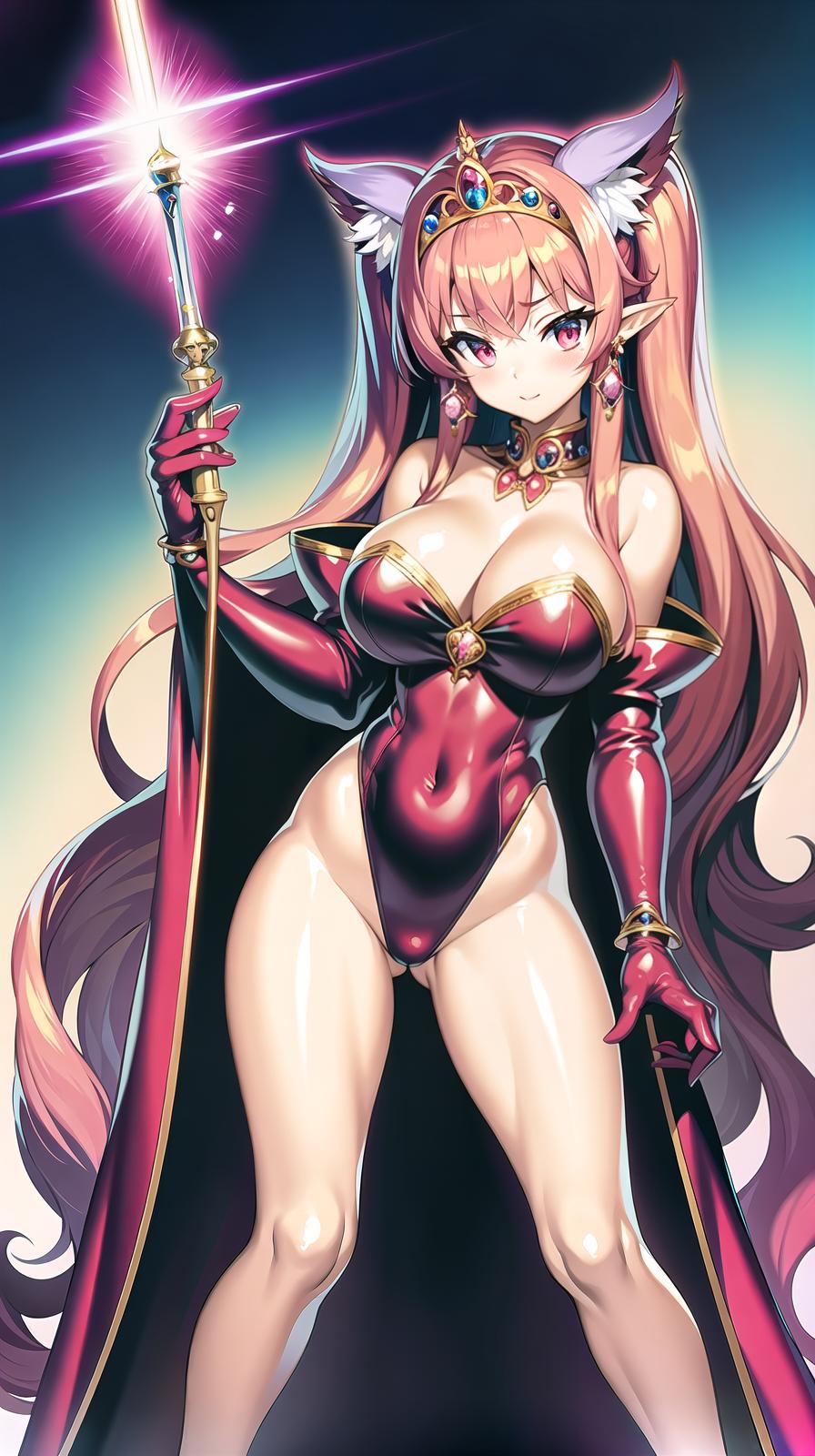  master piece , best quality,Tiara, magic hat, long cape, huge ribbon, leotard, gloves, jewelry, earrings, wings of light, red costume, long two side up hair, pink hair color, wolf tail, beautiful with wolf ears, big s, magic wand, growth transformation, full body