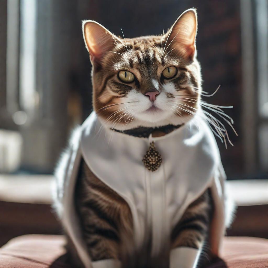  cat hyperrealistic, full body, detailed clothing, highly detailed, cinematic lighting, stunningly beautiful, intricate, sharp focus, f/1. 8, 85mm, (centered image composition), (professionally color graded), ((bright soft diffused light)), volumetric fog, trending on instagram, trending on tumblr, HDR 4K, 8K