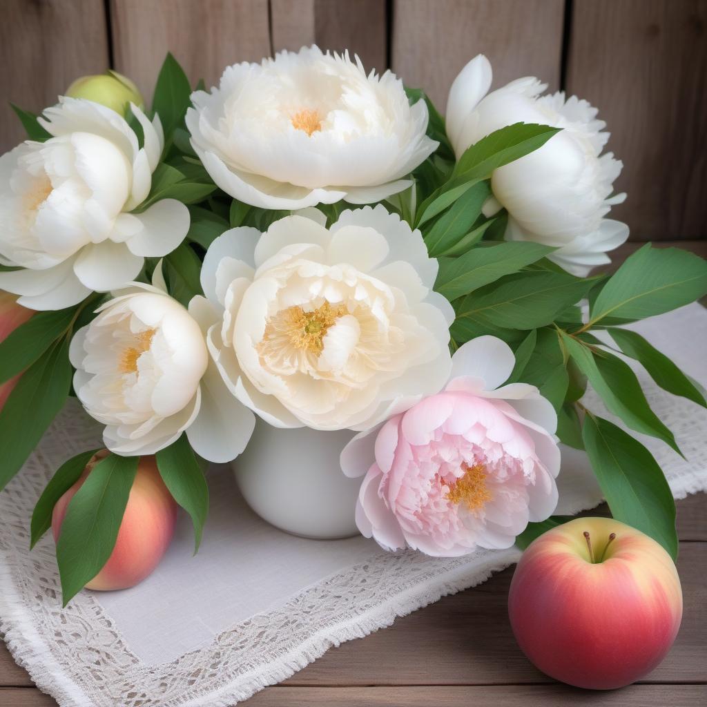  Beautiful white pink peonies in a bouquet, on an openwork napkin, on the old floor boards, background around flowering green branches, apples, peaches.Style Realism