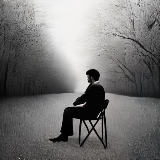 dublex style hd, b&w, drawing, sitting and thinking man on a chair a cozy room around him, wearing glasses, nature inside the man
