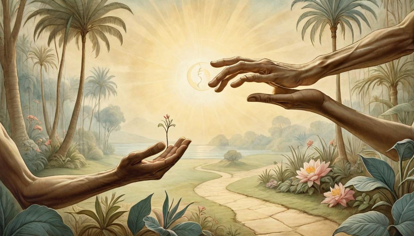  on parchment, surrealism+++, Figure reaching out with an open hand, soft, warm light emanating from the palm, serene garden backdrop, kindness, healing, understanding(mysterious, provocative, symbolic,muted color)+++