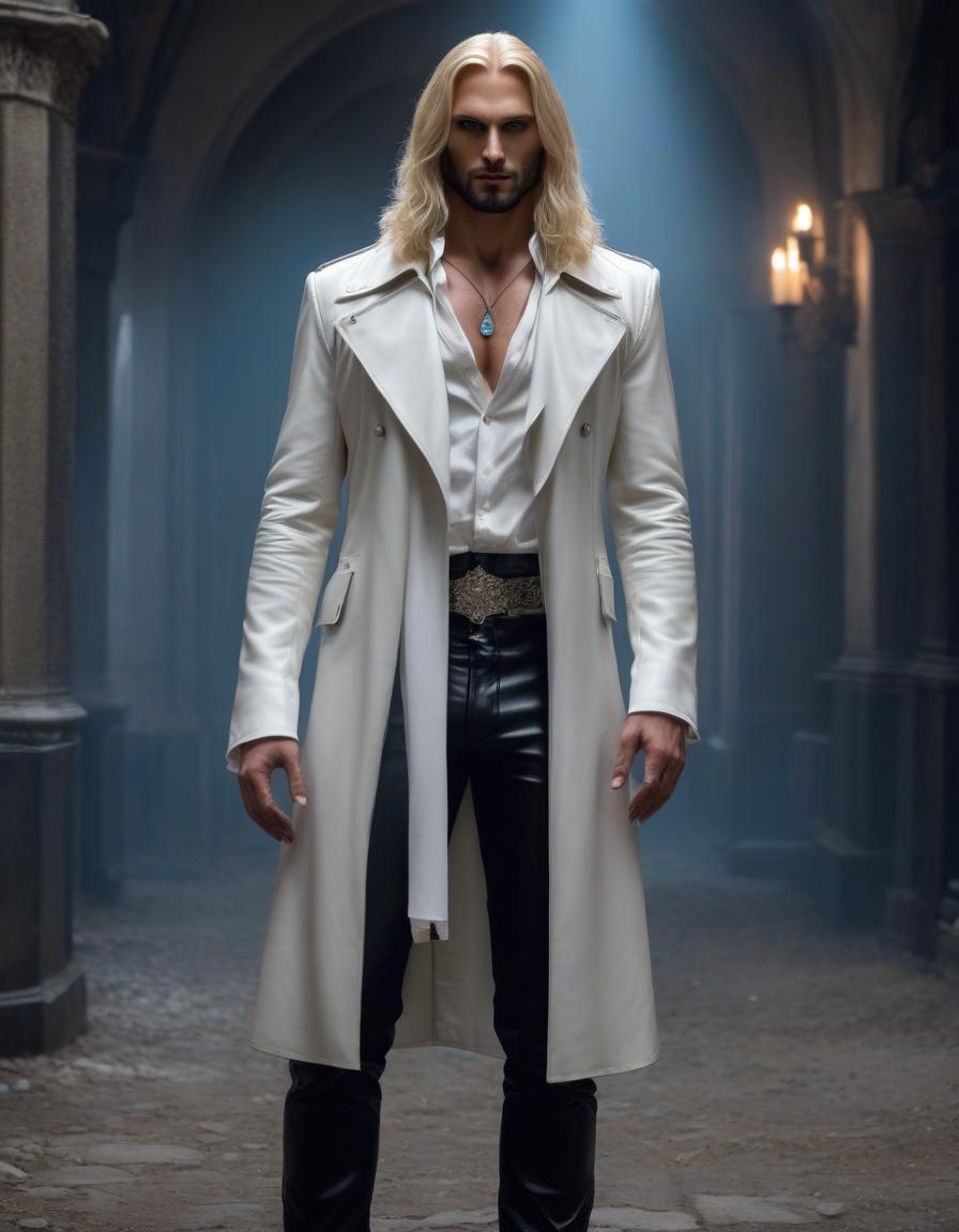  A thin blond male setite vampire faith preacher from vampire the masquerade, looks a bit like a stereotypical jesus christ. his piercing blue eyes hypnotize anyone who meets him. long leather jacket, white silk shirt, black pants. hyperrealistic, full body, detailed clothing, highly detailed, cinematic lighting, stunningly beautiful, intricate, sharp focus, f/1. 8, 85mm, (centered image composition), (professionally color graded), ((bright soft diffused light)), volumetric fog, trending on instagram, trending on tumblr, HDR 4K, 8K