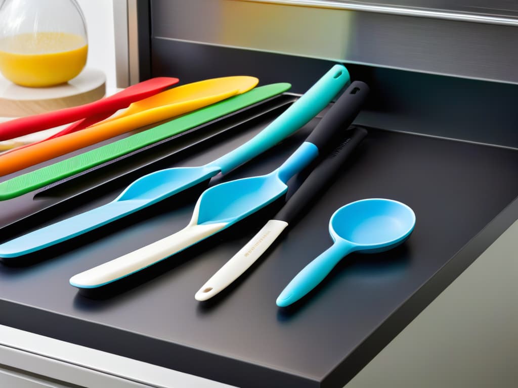  A closeup, photorealistic image of a sleek, modern kitchen countertop with an array of colorful silicone spatulas neatly arranged in a row. The spatulas vary in sizes and shapes, showcasing their versatility for different baking and cooking needs. The lighting is soft yet highlights the vibrant colors of the spatulas, emphasizing their highquality silicone material. The image exudes a professional and inviting atmosphere, perfect for enticing readers interested in upgrading their baking tools. hyperrealistic, full body, detailed clothing, highly detailed, cinematic lighting, stunningly beautiful, intricate, sharp focus, f/1. 8, 85mm, (centered image composition), (professionally color graded), ((bright soft diffused light)), volumetric fog, trending on instagram, trending on tumblr, HDR 4K, 8K