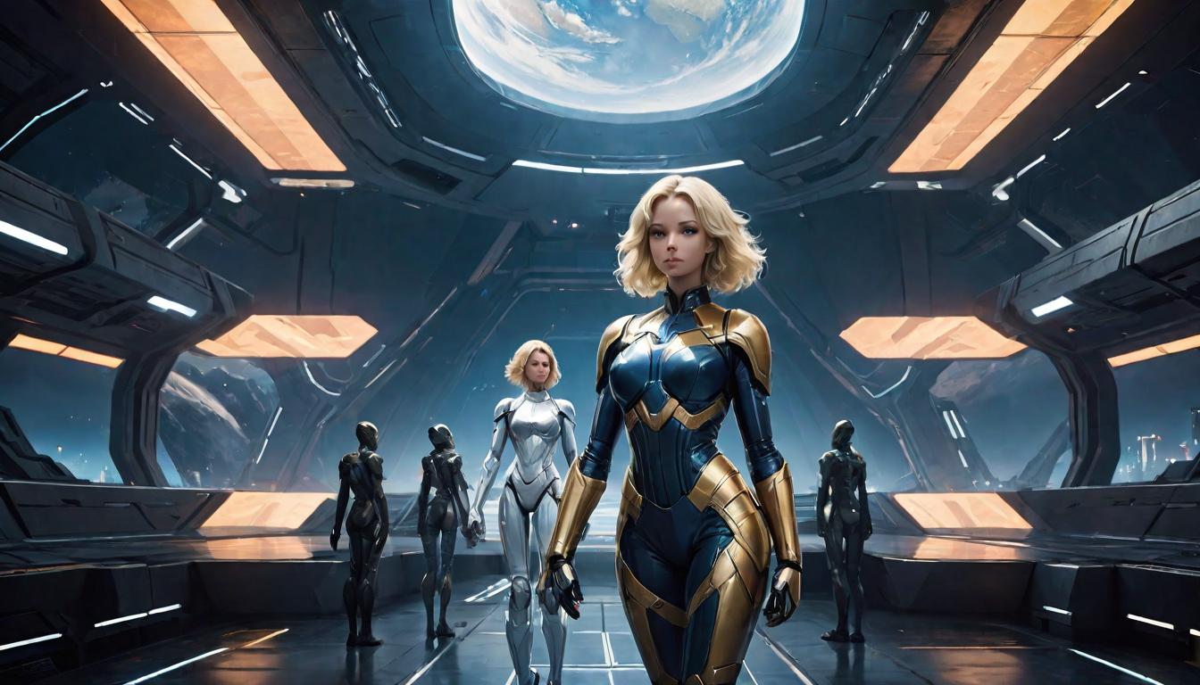  2girls, large busted attractive blonde arian female humanoids, standing on a platform overlooking Earth, holding hands, theme of unity and collective ascension, high tech clothing clad in sleek, futuristic costume with metallic accents and form fitting designs, marvel superhero comics style, unreal engine rendering