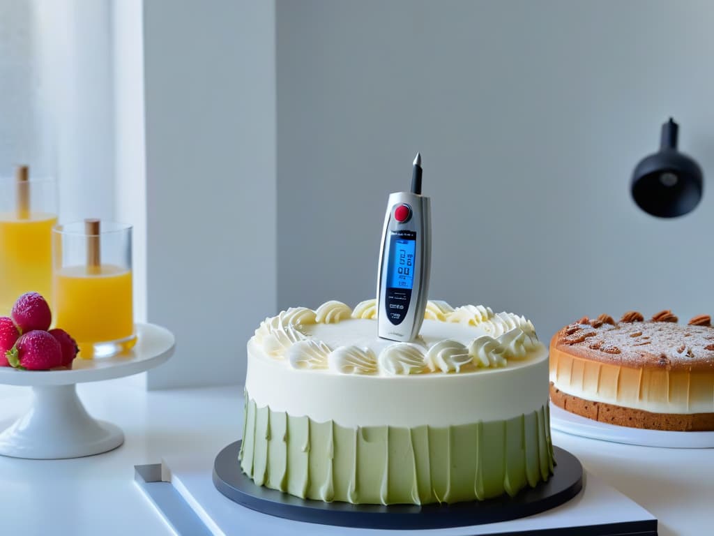  An ultradetailed image of a sleek, modern kitchen with marble countertops, filled with an array of hightech kitchen gadgets including a precise digital thermometer placed next to a beautifully decorated cake. The thermometer's screen displays the exact temperature, emphasizing precision and professionalism in pastry making. Sunlight streams in through a window, casting a soft, warm glow over the scene, enhancing the inspirational and professional ambiance. hyperrealistic, full body, detailed clothing, highly detailed, cinematic lighting, stunningly beautiful, intricate, sharp focus, f/1. 8, 85mm, (centered image composition), (professionally color graded), ((bright soft diffused light)), volumetric fog, trending on instagram, trending on tumblr, HDR 4K, 8K