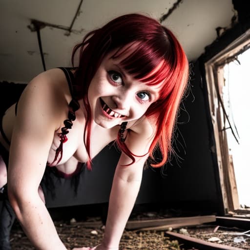  cute young mischievous female succubus demon, red black red hair, creepy smile, no clothes, squatting in bed from below in abandoned dark black room, clear detailed photo, sharp focus, high resolution, 4k uhd, perfectly detailed big eyes, real life person