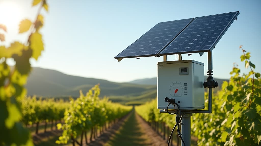  good quality, high quality, automated weather station with solar panels in a vineyard, collecting data to optimize irrigation and fertilization schedules