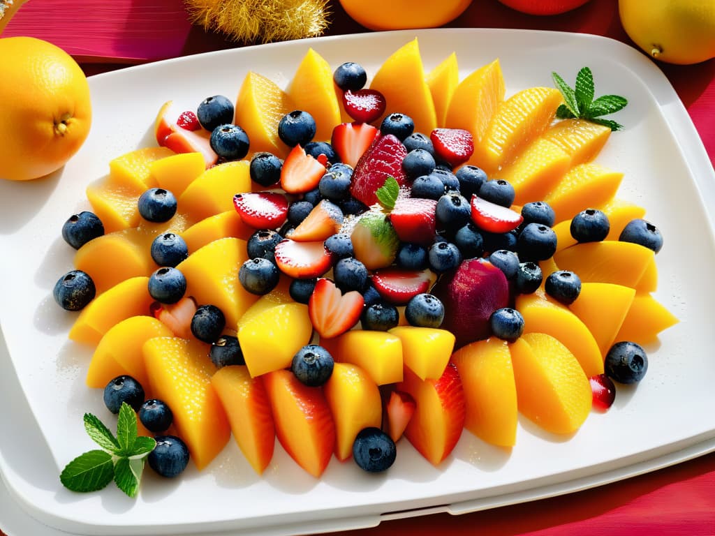  A photorealistic image of a vibrant fruit platter overflowing with colorful berries, sliced oranges, ripe mango chunks, and pomegranate seeds, all drizzled with a golden honey and garnished with fresh mint leaves. The fruits are arranged artfully on a sleek white platter, with droplets of honey glistening in the natural light, creating a visually appealing and appetizing display that embodies natural and healthy sweetening options for desserts. hyperrealistic, full body, detailed clothing, highly detailed, cinematic lighting, stunningly beautiful, intricate, sharp focus, f/1. 8, 85mm, (centered image composition), (professionally color graded), ((bright soft diffused light)), volumetric fog, trending on instagram, trending on tumblr, HDR 4K, 8K