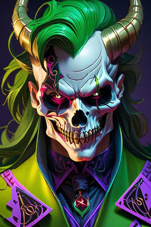  Hyper realistic art skull joker demon concept art portrait by Casey Weldon, Olga Kvasha, Miho Hirano, hyperdetailed intricately detailed gothic art trending on Artstation triadic colors Unreal Engine 5 detailed matte painting, deep color, fantastical, intricate detail, splash screen, complementary colors, fantasy concept art, 8k resolution, gothic DeviantArt masterpiece . Extremely high resolution details, photographic, realism pushed to extreme, fine texture, incredibly lifelike hyperrealistic, full body, detailed clothing, highly detailed, cinematic lighting, stunningly beautiful, intricate, sharp focus, f/1. 8, 85mm, (centered image composition), (professionally color graded), ((bright soft diffused light)), volumetric fog, trending on instagram, trending on tumblr, HDR 4K, 8K