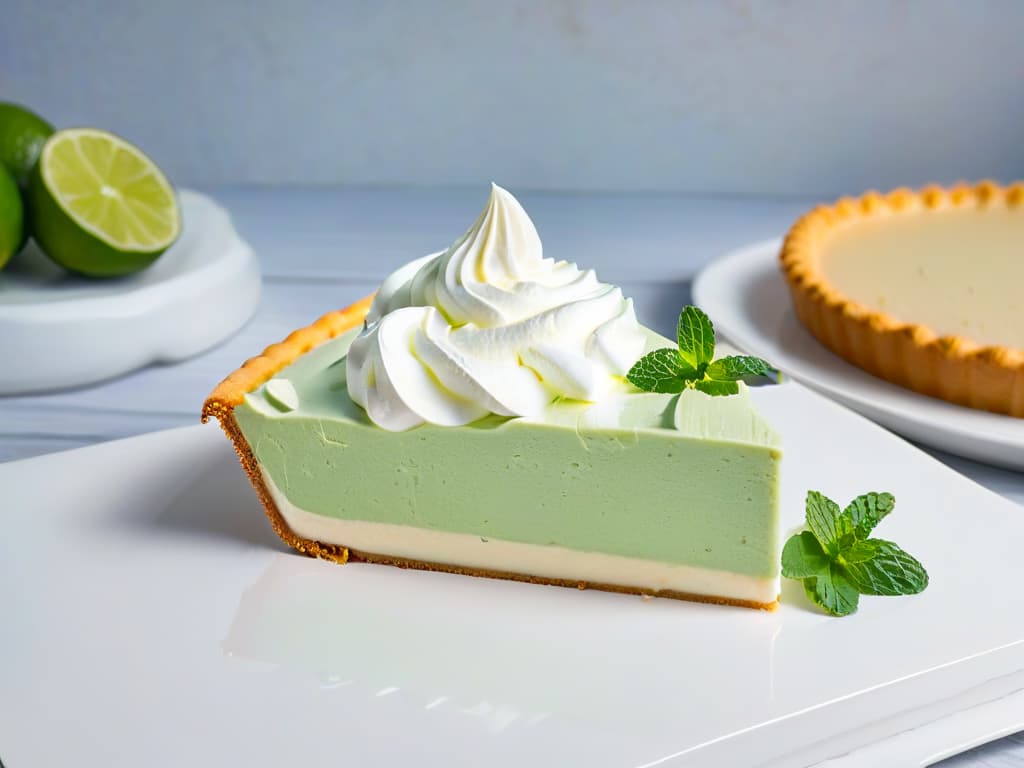  An ultradetailed closeup image of a slice of Key Lime Pie garnished with a dollop of whipped cream, a slice of lime, and a sprig of fresh mint on a sleek, modern, white plate. The pie filling is perfectly smooth and creamy, with a graham cracker crust that crumbles delicately at the edges. The lighting is soft, highlighting the vibrant green hue of the pie and the contrasting white of the whipped cream. Each detail is so crisp and clear that you can almost imagine the zesty aroma of lime filling the air. hyperrealistic, full body, detailed clothing, highly detailed, cinematic lighting, stunningly beautiful, intricate, sharp focus, f/1. 8, 85mm, (centered image composition), (professionally color graded), ((bright soft diffused light)), volumetric fog, trending on instagram, trending on tumblr, HDR 4K, 8K