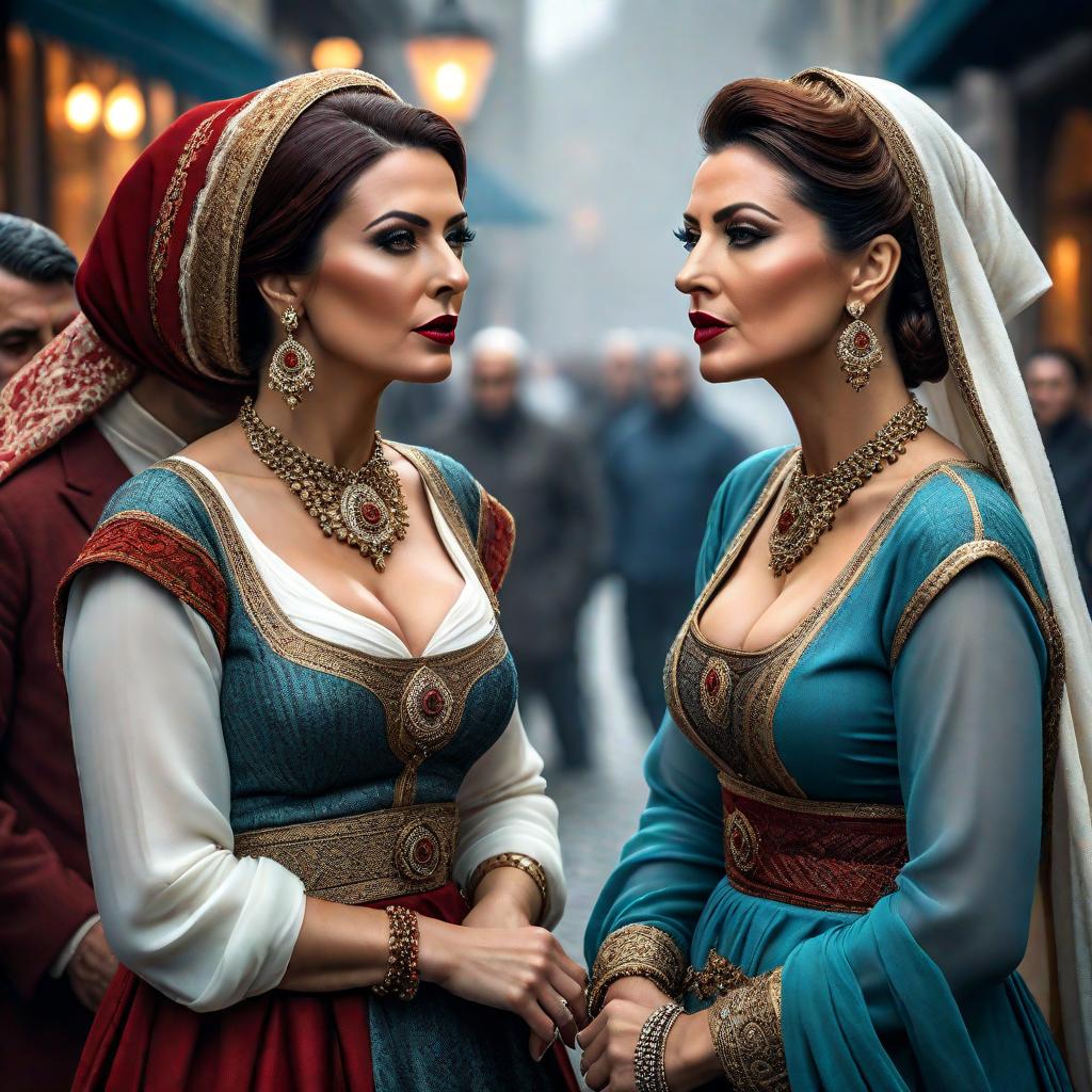  Gossiping Turkish women hyperrealistic, full body, detailed clothing, highly detailed, cinematic lighting, stunningly beautiful, intricate, sharp focus, f/1. 8, 85mm, (centered image composition), (professionally color graded), ((bright soft diffused light)), volumetric fog, trending on instagram, trending on tumblr, HDR 4K, 8K