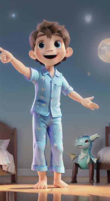  {The bed flying low over a wide, shiny river reflecting the moonlight, with sparkling water and gentle waves, Alex excitedly pointing down., A young child named Alex with bright eyes and a joyful smile, wearing colorful pajamas with stars on them. Alex has short brown hair and is always accompanied by a small, plush toy dragon named Trixie.