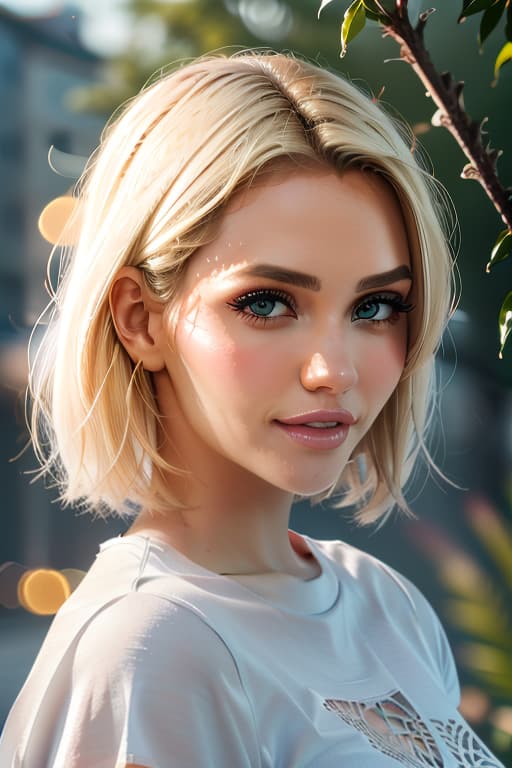  1girl,1girl,blonde short hair,straight hair,upper body shot,shirt,smile hyperrealistic, full body, detailed clothing, highly detailed, cinematic lighting, stunningly beautiful, intricate, sharp focus, f/1. 8, 85mm, (centered image composition), (professionally color graded), ((bright soft diffused light)), volumetric fog, trending on instagram, trending on tumblr, HDR 4K, 8K