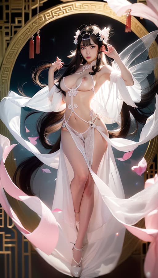  ((A noble and luxurious visual sense))(((Chinese fairy hairstyle with exquisite hairpins, white transparent silk clothing for Chinese immortals, and several white silk ribbons fluttering in the air))),(Masterpiece: 1.4, best quality), (complex details), Unity 8k wallpaper, ultra fine, beautiful and beautiful, perfect lighting, full body photo, (Tabassum Fatima Hashmi like girl), (fluorescent black hair, French black straight hair, blue eyes, big chest). ((Round breasts, pink areolas and nipples, dense pubic hair)), (Brown stockings), red high heels, dynamic posture, dynamic angle, lipstick, slim, slim body, detailed magnificent palace background, realistic, solo, perfectly detailed face, detailed eyes, highly detailed blush, hair decorati