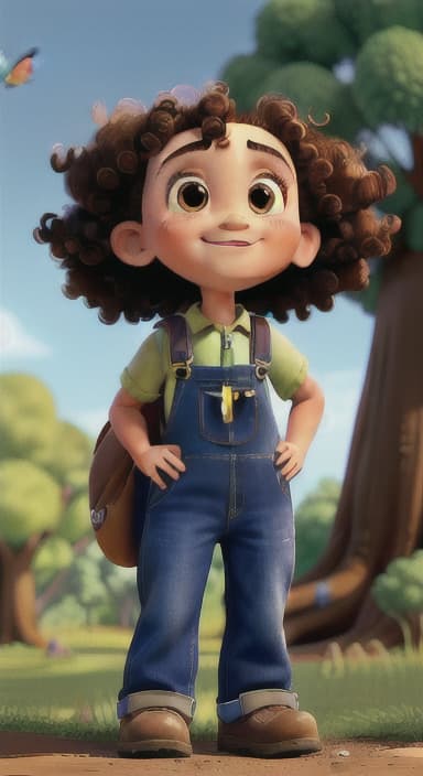  {Riley looking up at the tree with a big smile, animals surrounding them., Riley, a curious with big brown eyes and curly hair, wearing overalls and carrying a small backpack. Their friend, Skye, a bluebird with shiny feathers.